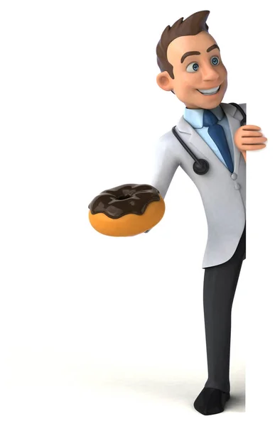 Fun doctor holding donut — Stock Photo, Image