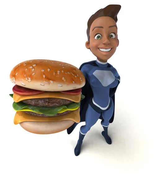 Super woman holding burger — Stock Photo, Image