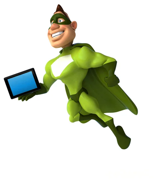 Fun superhero holding tablet — Stock Photo, Image