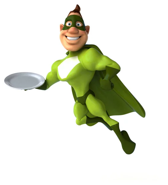 Fun superhero holding tray — Stock Photo, Image