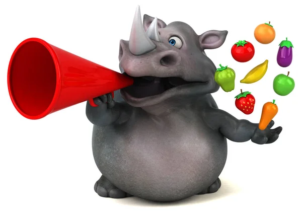 Rinoceronte divertido segurando frutas e legumes — Fotografia de Stock