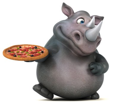 Komik gergedan holding pizza