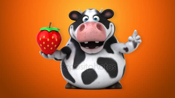 Vaca divertida sosteniendo fresa — Vídeo de stock