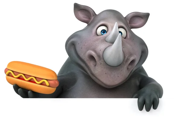 Komik gergedan holding hotdog — Stok fotoğraf