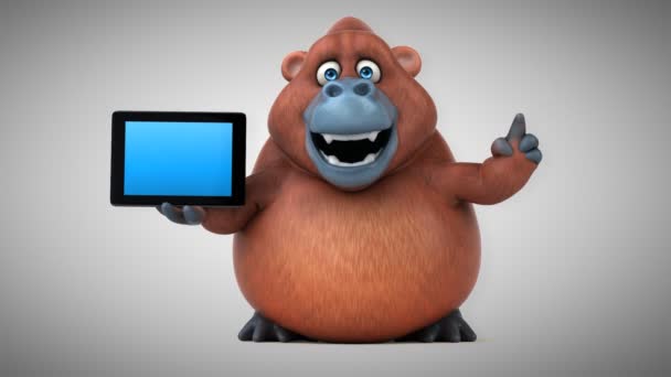 Fun cartoon character holding tablet — Stock Video