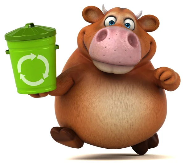 Cow running holding  rubbish bin — Stock Photo, Image