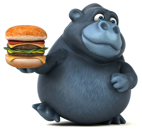 Divertido gorila segurando grande hambúrguer — Fotografia de Stock