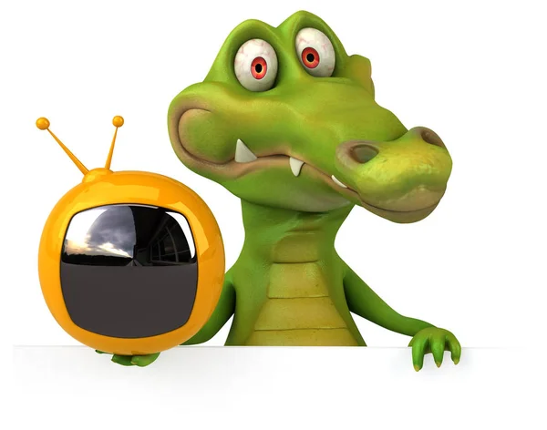 Cartoon character holding tv — Stock Photo, Image