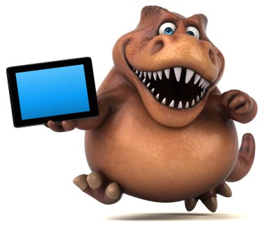 komik karikatür karakter holding tablet  