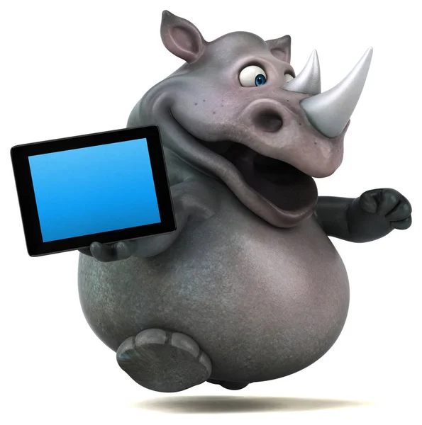 Funny cartoon character holding tablet — Stock Photo, Image