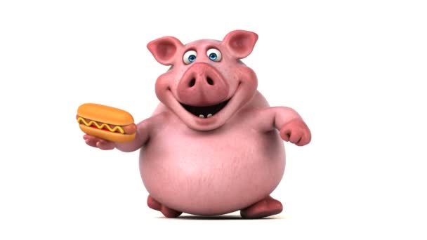 Смешная свинья держит хот-дог — стоковое видео