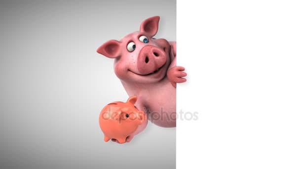 Cartoon character holding piggy bank — Stock Video