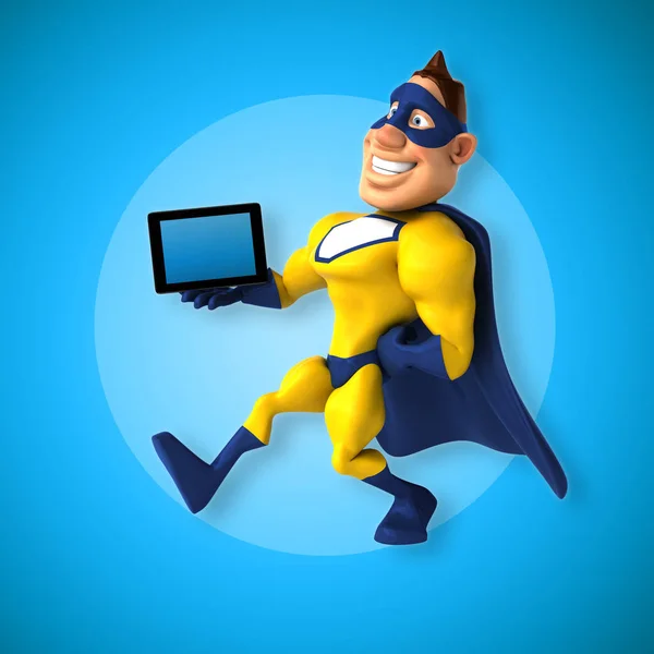 Super-herói divertido com tablet — Fotografia de Stock