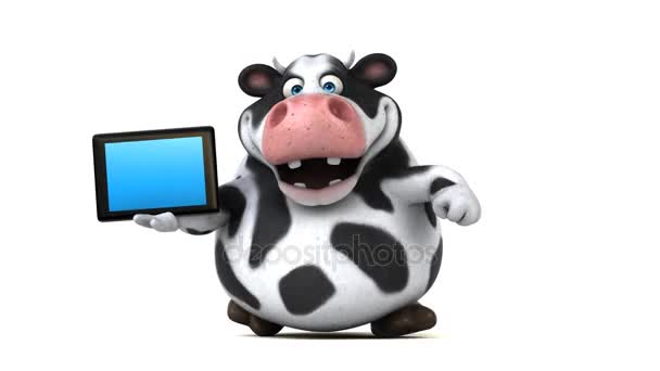 Grappige koe bedrijf tablet — Stockvideo