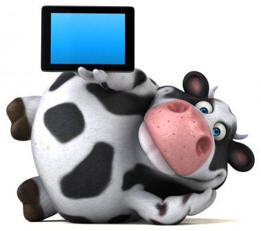 komik karikatür karakter holding tablet 