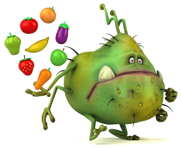 Мультфильм персонаж держит фрукты и овощи — стоковое фото
