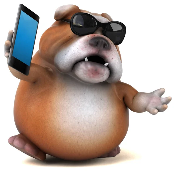 Funny cartoon character holding smartphone — Stock Photo, Image