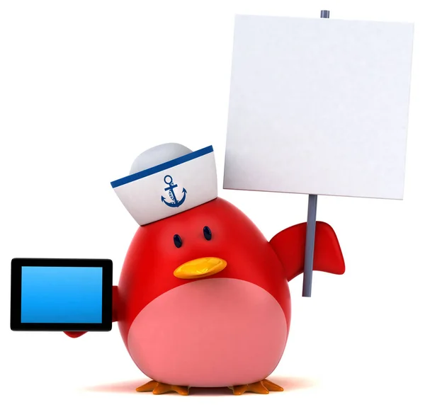 Funny cartoon character holding tablet — Stock Photo, Image