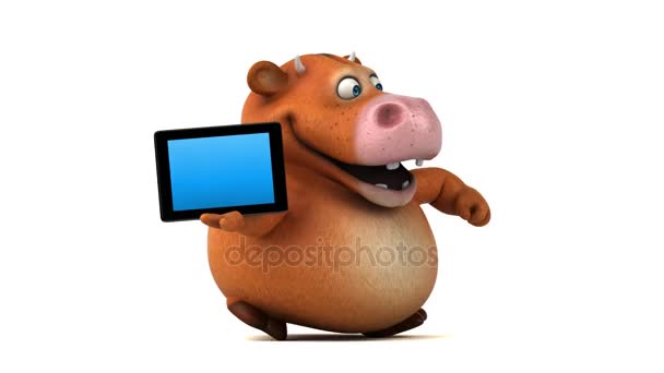 Cow cartoon character holding tablet — Stock Video