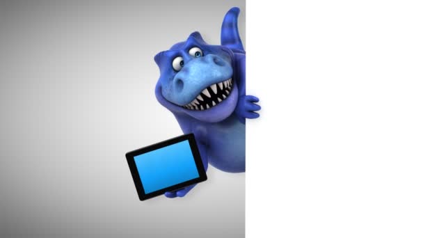 Смішний персонаж мультфільму тримає планшет — стокове відео