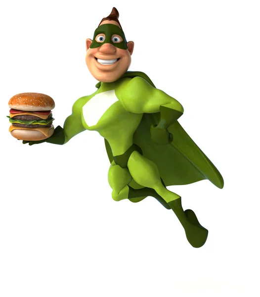 Superhero holding hamburger — Stock Photo, Image