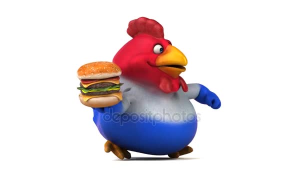 Divertido personaje de dibujos animados sosteniendo hamburguesa — Vídeos de Stock