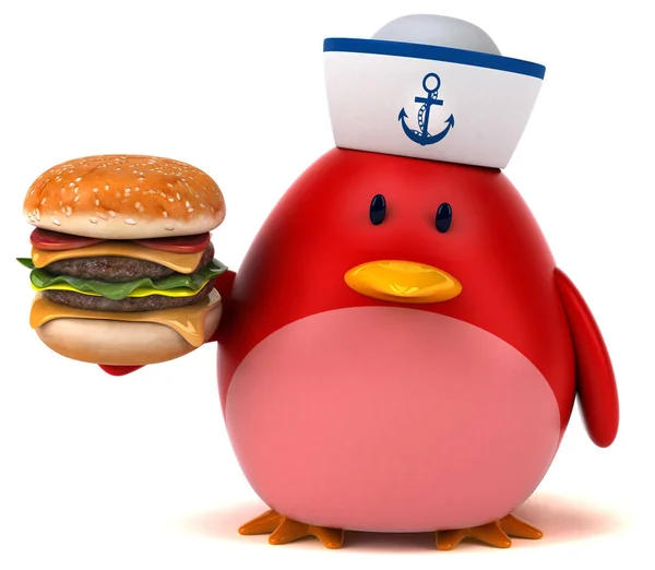 Divertido personaje de dibujos animados sosteniendo hamburguesa —  Fotos de Stock