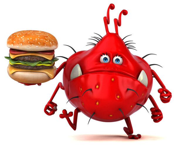 Fun cartoon character holding hamburger