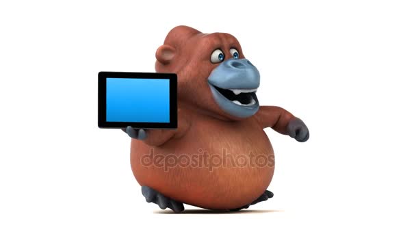 Fun cartoon character holding tablet — Stock Video