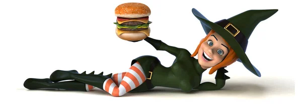 Szexi boszorkány gazdaság hamburger — Stock Fotó