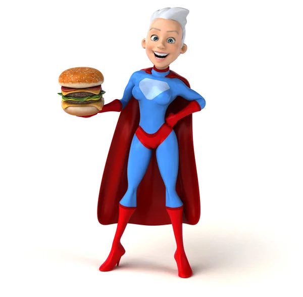 Super woman holding burger — Stock Photo, Image