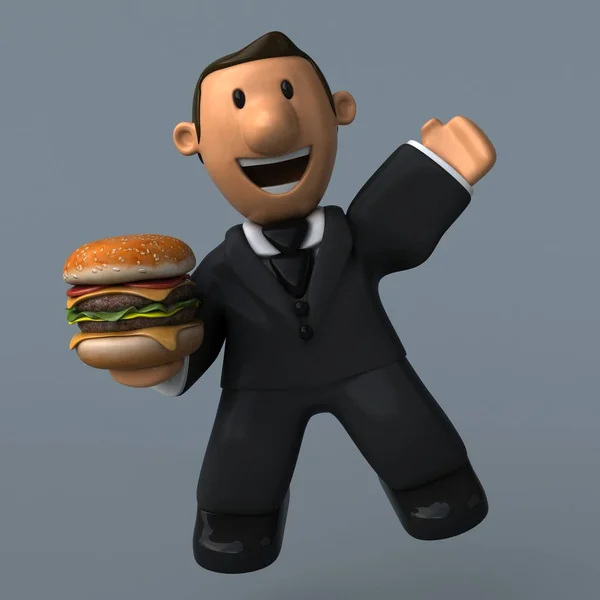 Homme d'affaires de bande dessinée avec hamburger — Photo