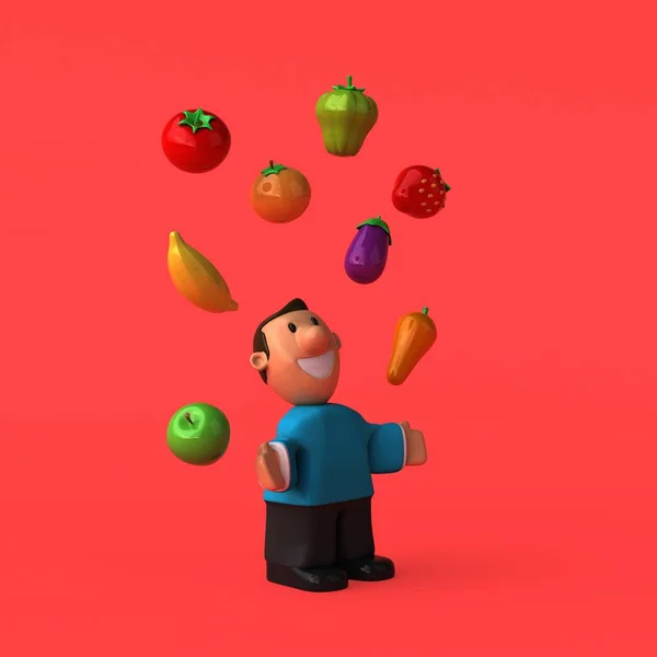 Caractère de dessin animé avec des fruits et légumes — Photo