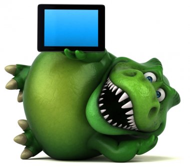 Eğlenceli çizgi film karakteri holding tablet