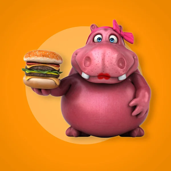 Rosa flodhäst med burger — Stockfoto