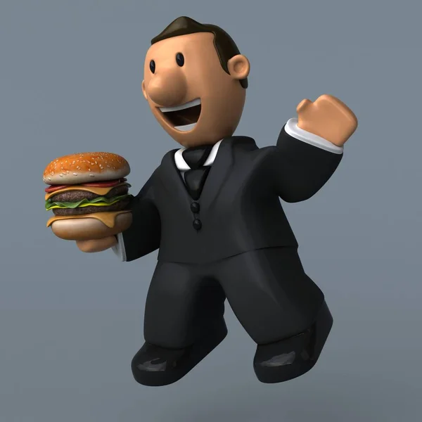 Мультиплікаційний бізнесмен з гамбургером — стокове фото