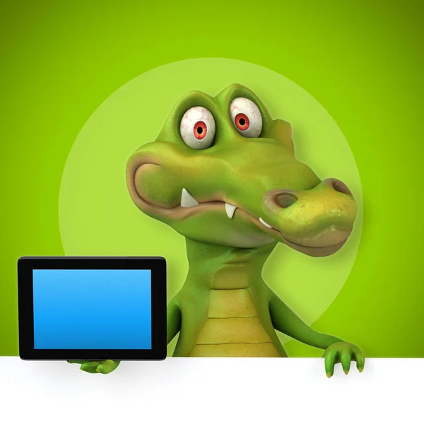 Funny cartoon character holding tablet — Stock Photo, Image