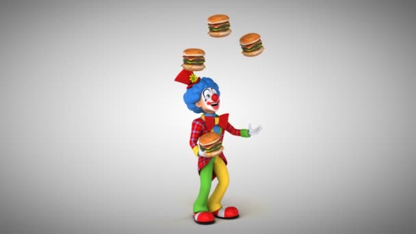 Clown jongliert mit Hamburgern — Stockvideo