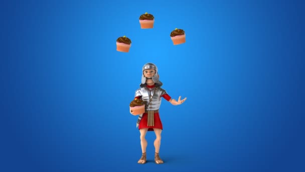 Roman soldier juggling with cupcakes — Stock Video