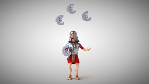 Soldado romano haciendo malabares con signos del euro — Vídeo de stock