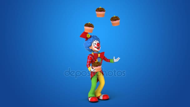 Клоун жонглирует кексами — стоковое видео
