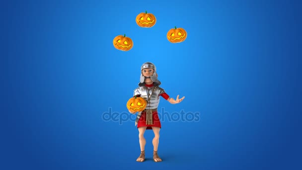 Roman soldier juggling with pumpkins — Stock Video