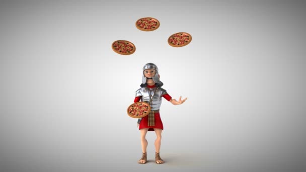 Roman soldier juggling with  pizzas — Stock Video