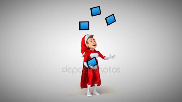 Super Santa Claus haciendo malabares con tabletas — Vídeos de Stock