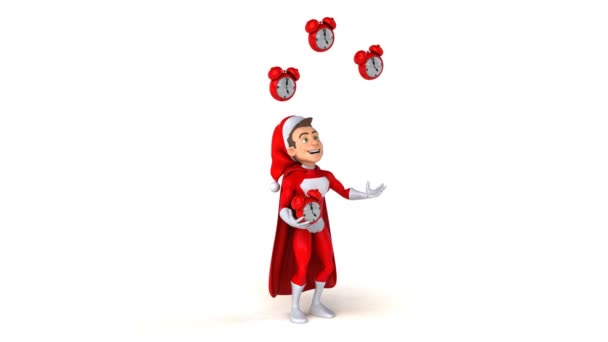 Super-Weihnachtsmann jongliert mit Uhr — Stockvideo
