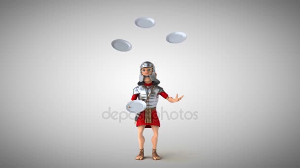Romersk soldat jonglering med plattor — Stockvideo