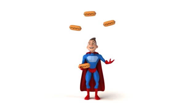 Funny cartoon character with hotdog — Stock Video