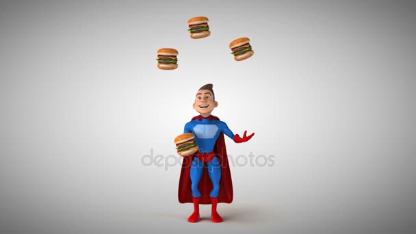 Pahlawan juggling dengan hamburger — Stok Video