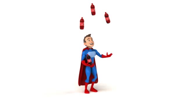 Super hero juggling with soda — Stock Video
