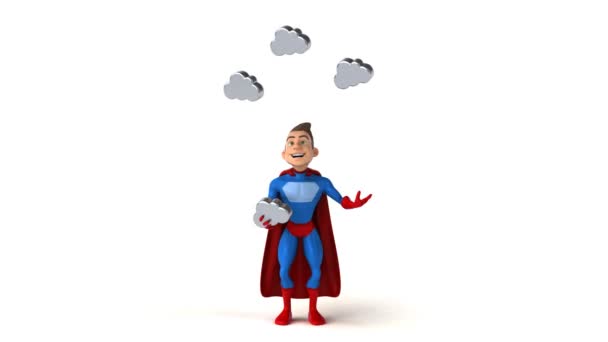 Superhéroe haciendo malabares con nubes — Vídeo de stock